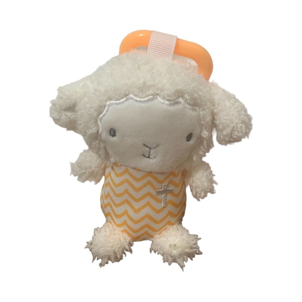 Hallmark Lamb Sheep Rattle Plush Cross Religious Baby Toy Yellow Zig Zag W/ Clip